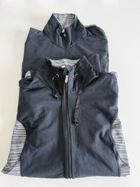 Woman’s 2 Moving Comfort Black Zip-Up Performance Jacket and 1/2 zip Large EUC!